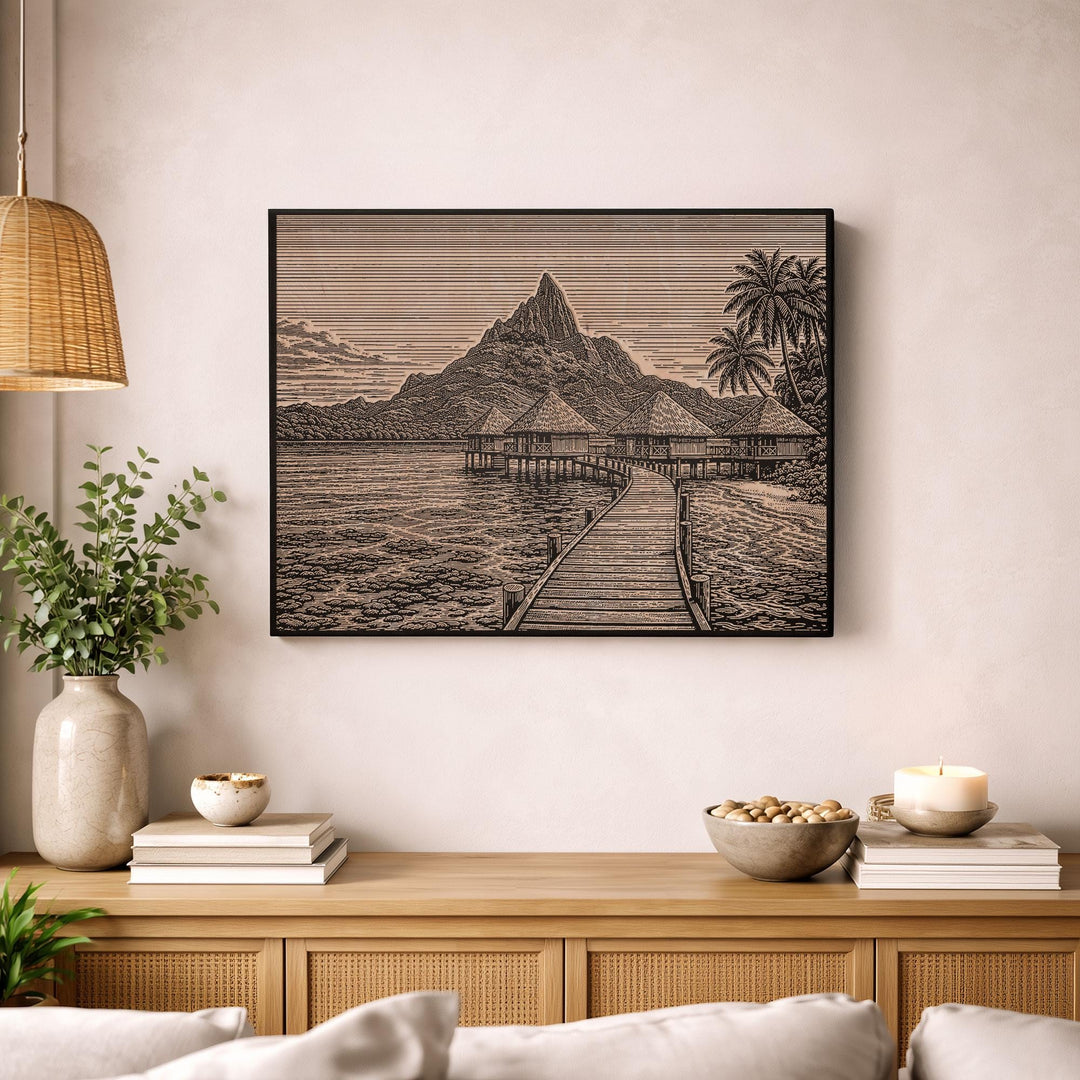 Bora Bora Bungalow Engraved Birch Art Panel