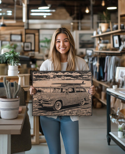 Vintage Beach Station Wagon with Surfboard Engraved Illustration