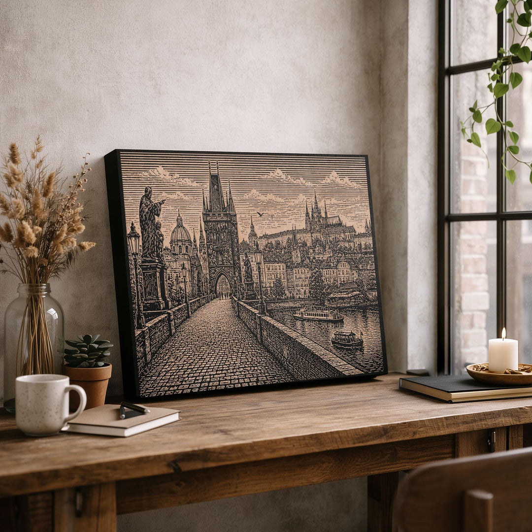 Prague Charles Bridge Engraved Birch Art Panel