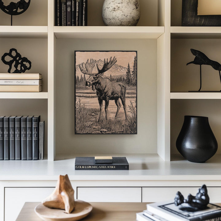 Moose in a Bog Engraved Illustration