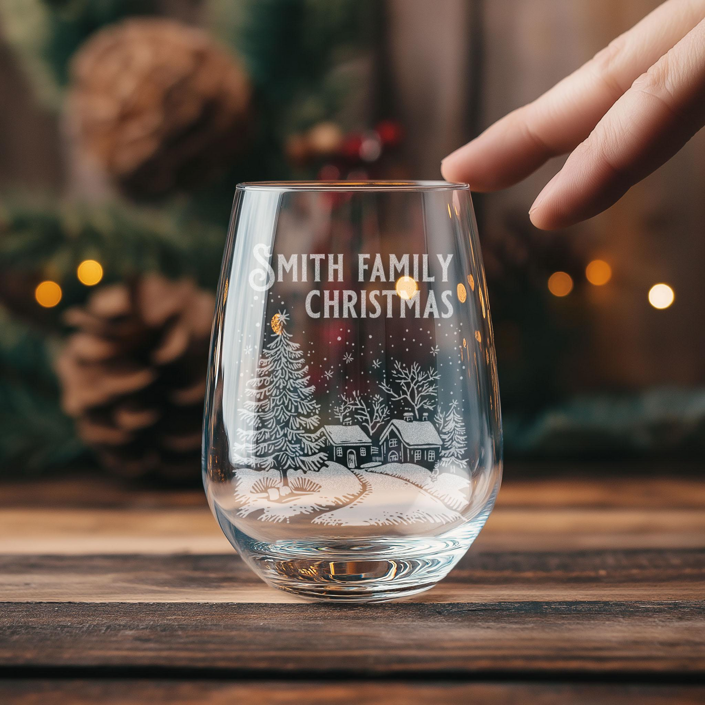 a hand is touching a wine glass with a christmas scene on it