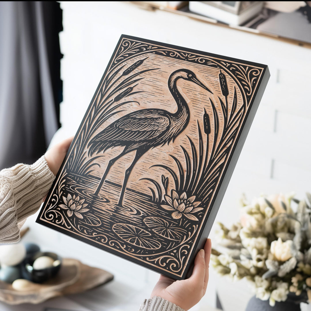 Crane In the Lily Pond Engraved Birch Illustration