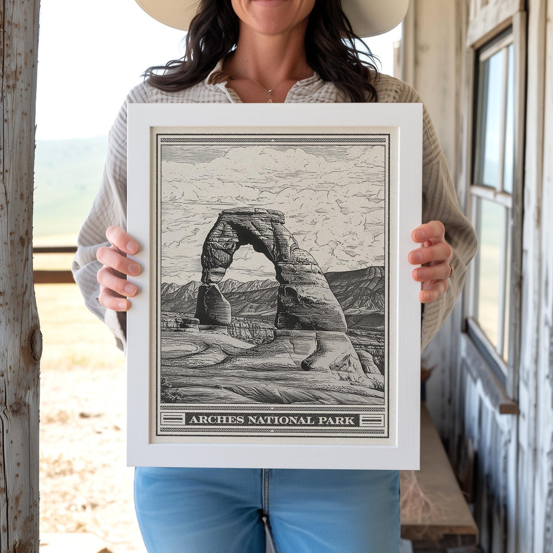 Arches National Park Lithograph Style Print - Vintage Utah archival matte fine art print. Delicate Arch of La Sal Mountains. Desert Gift.