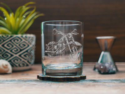 Motorcycle Glasses | Biker Themed Personalized Whiskey, Wine & Beer Glassware, Motorcycle Club Drinkware, Biker Bar Themed Gift