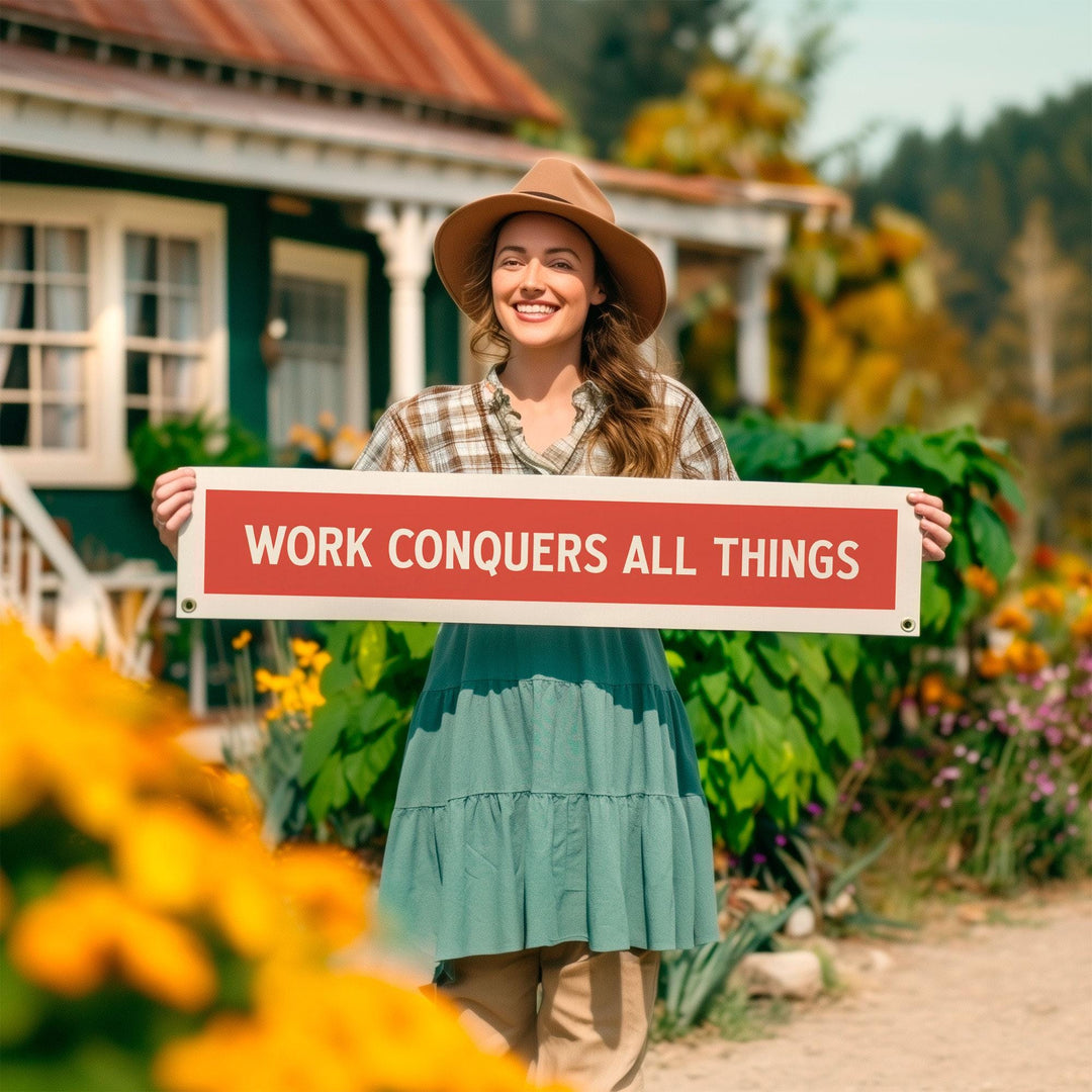 Work Conquers All Things Felt Sign Banner