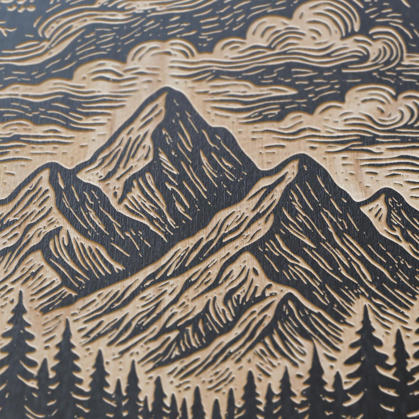 Mountain Landscape Engraved Birch Illustration