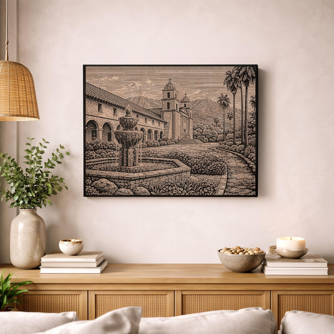 Santa Barbara Mission Garden Engraved Birch Art Panel
