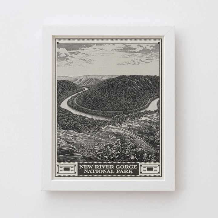 New River Gorge National Park Lithograph Style Print - Vintage West Virginia archival matte fine art print. Appalachian Mountains Gift.