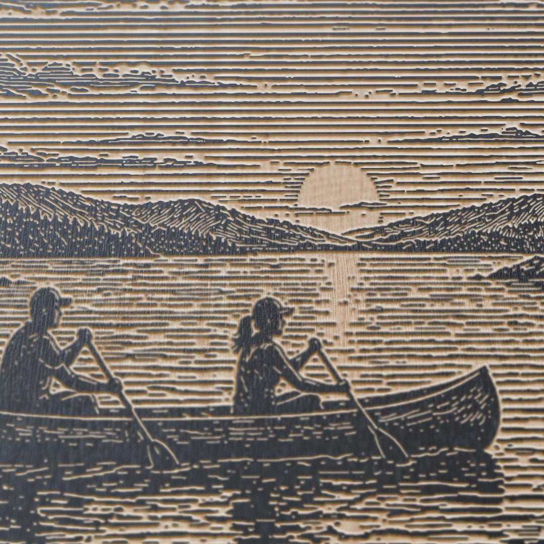 Canoe at Sunset on Calm Lake Engraved Illustration