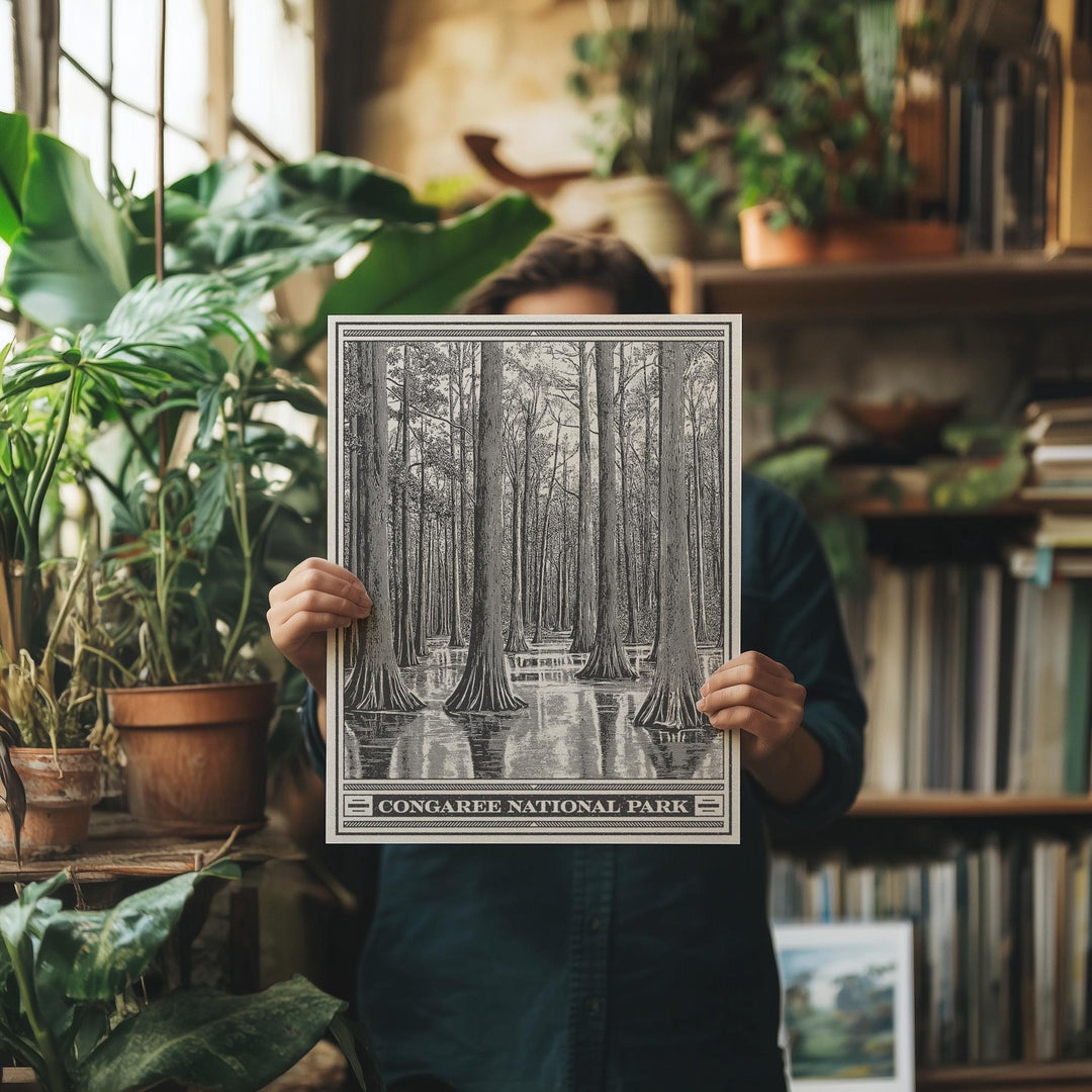 Congaree National Park Lithograph Style Print - Vintage South Carolina archival matte fine art print. Wateree Rivers. Southern State gift