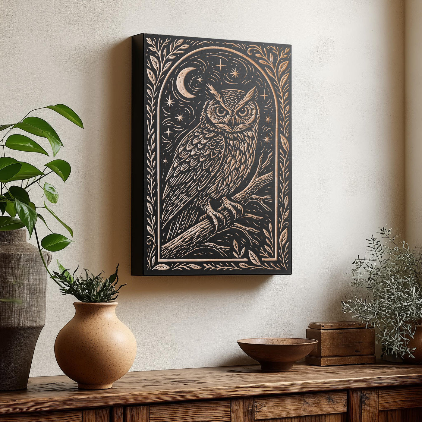 Owl & Moon Engraved Birch Illustration
