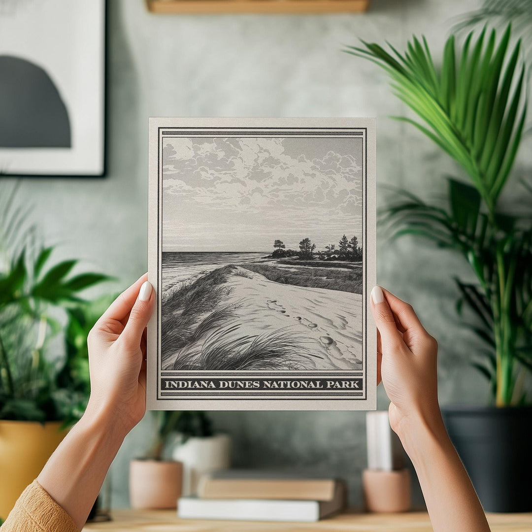 Indiana Dunes National Park Lithograph Style Print - Vintage Indiana archival matte fine art print. Portage Kemil Dunbar Central Beach Gift.