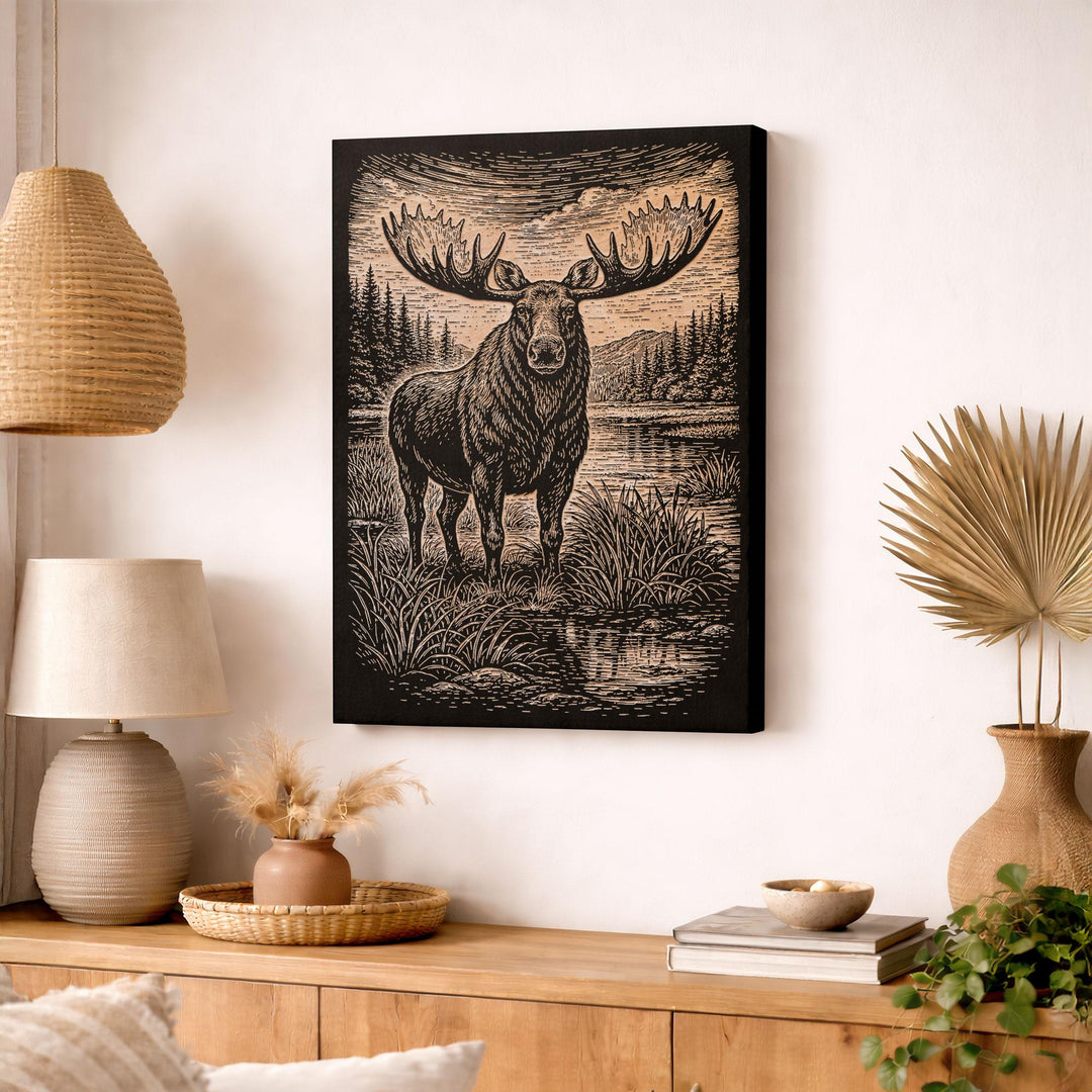 Bull Moose in Marshy Wilderness Engraved Birch Art Panel