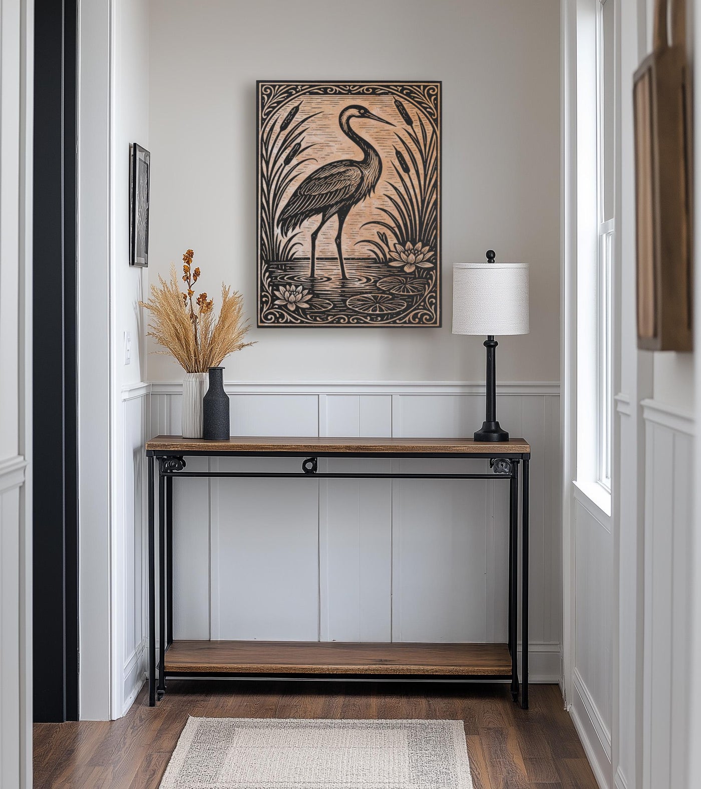 Crane In the Lily Pond Engraved Birch Illustration