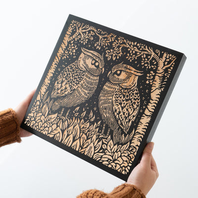 Great Horned Owl Couple Engraved Birch Wood Panel