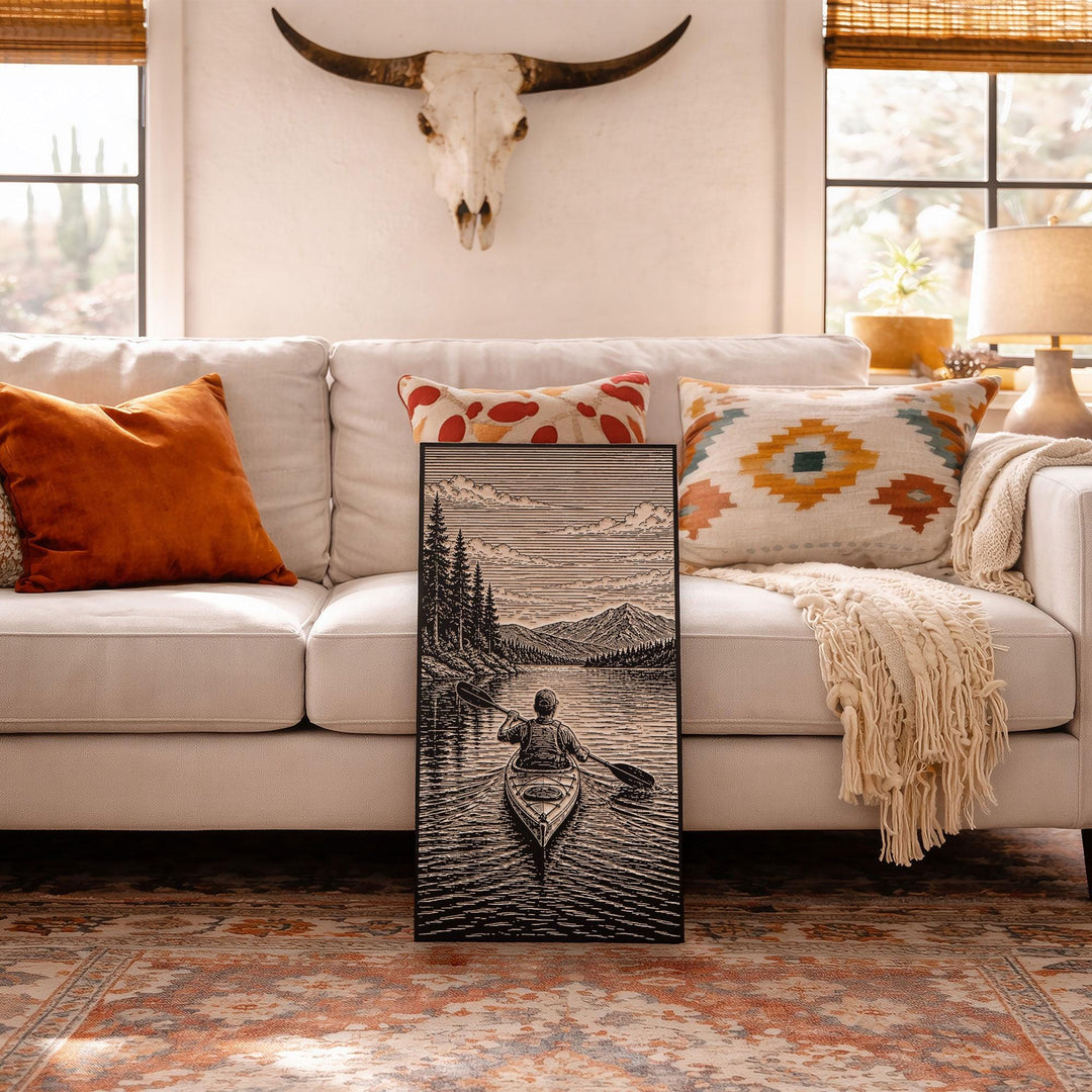 Kayaker Paddling Open Lake Engraved Illustration