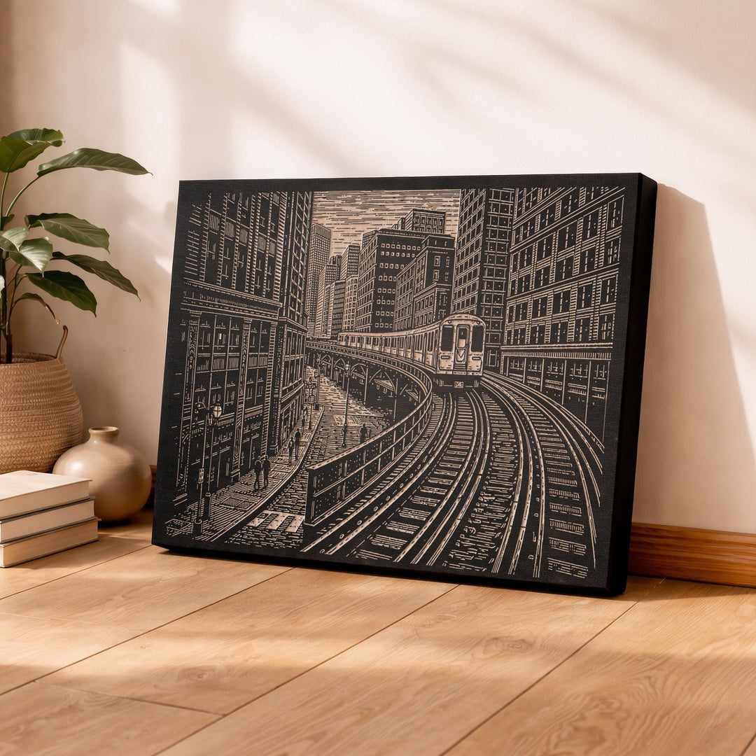Chicago Elevated Train Engraved Birch Art Panel