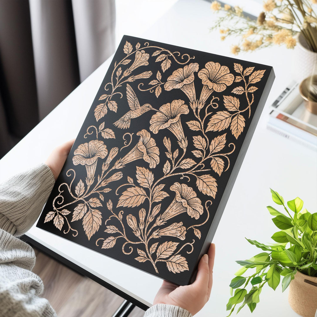 Hummingbird and Trumpet Vine Engraved Birch Art Panel