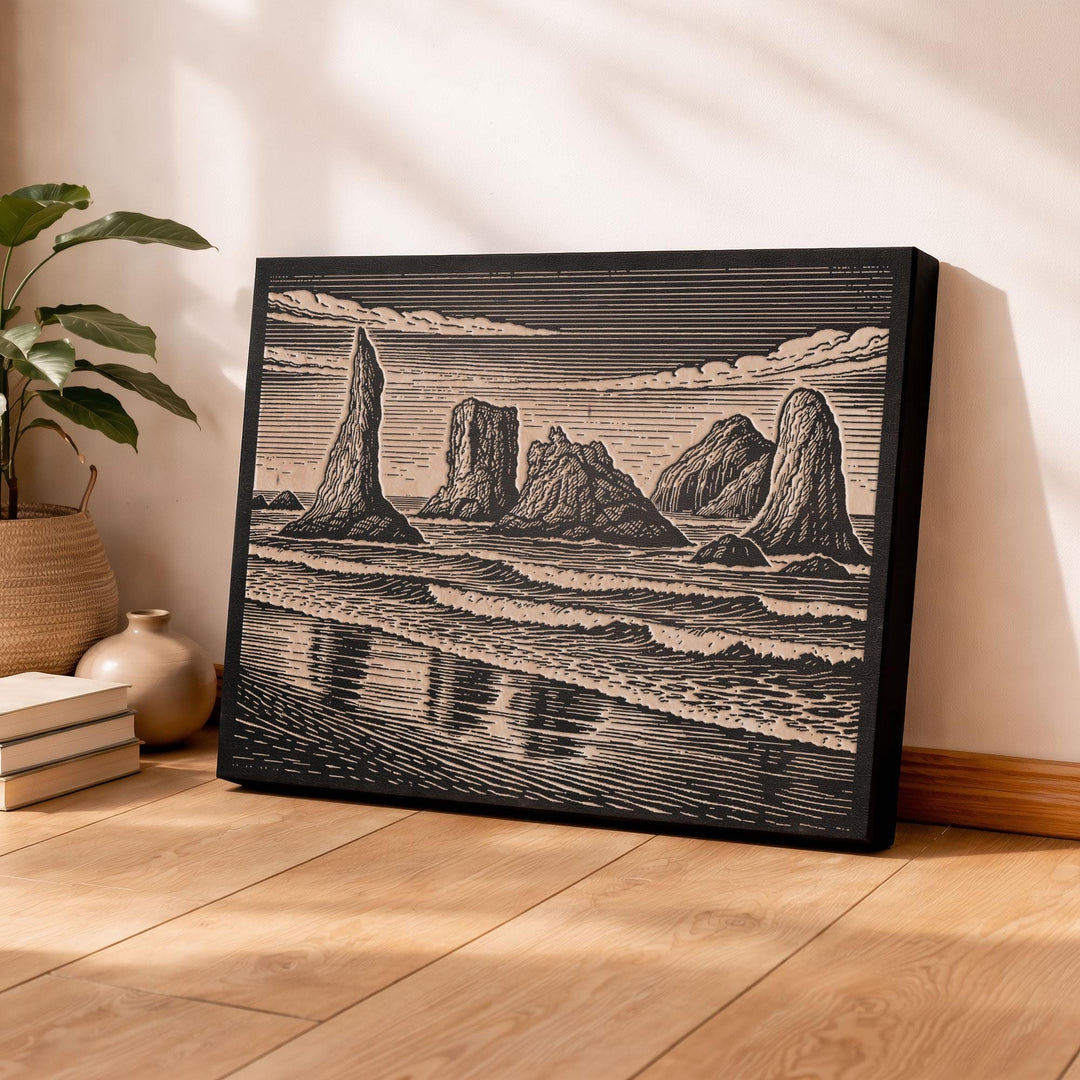 Bandon Beach Sea Stacks Engraved Birch Art Panel