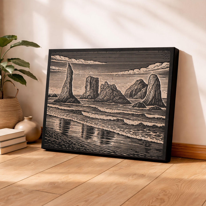 Bandon Beach Sea Stacks Engraved Birch Art Panel