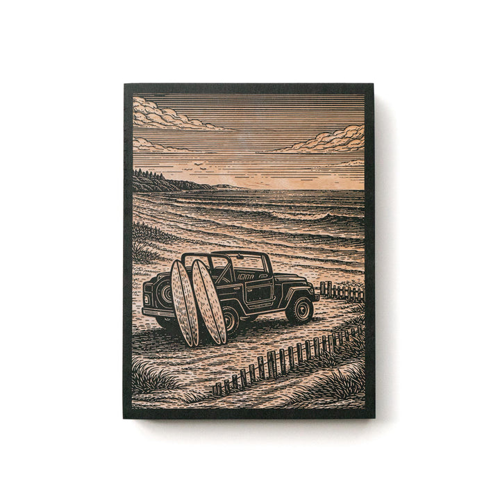 Surf SUV On the Beach Engraved Illustration
