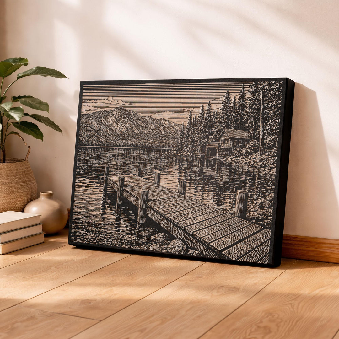 Lakeside Cabin Engraved Birch Art Panel