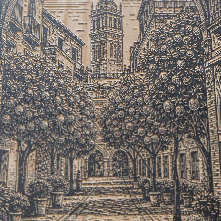 Seville Giralda Street Engraved Birch Art Panel