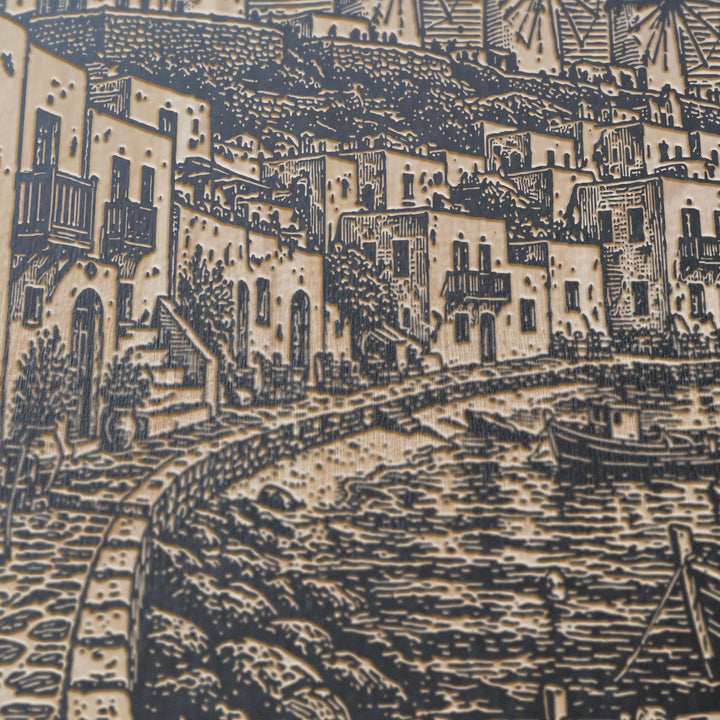 Mykonos Harbor Engraved Birch Art Panel