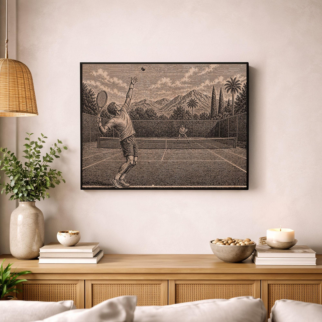Tennis Serve Engraved Illustration