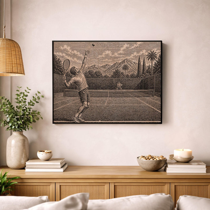 Tennis Serve Engraved Illustration