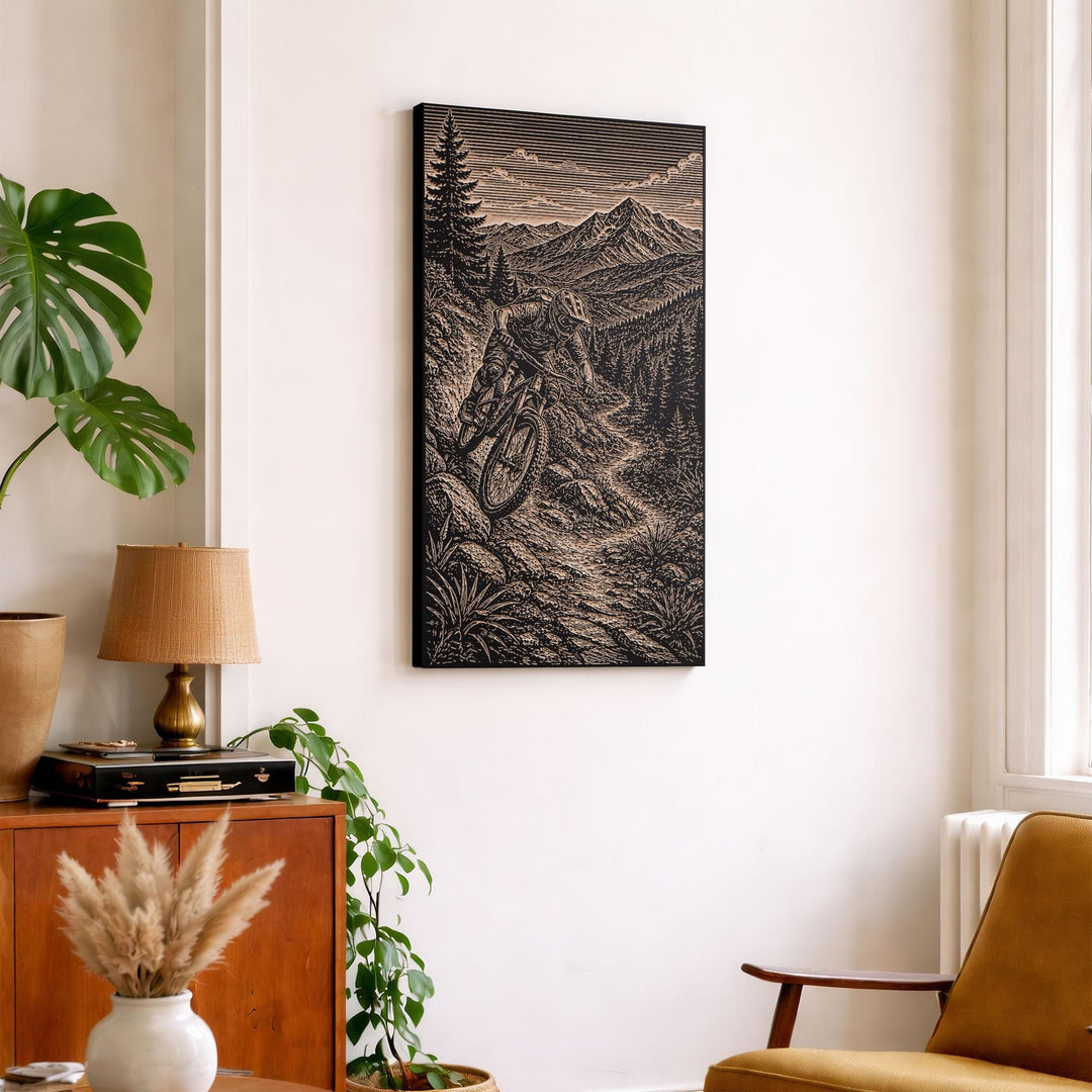 Mountain Biker on Rocky Trail Engraved Illustration