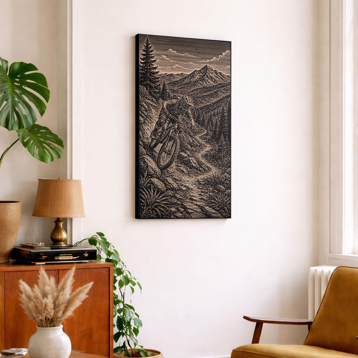 Mountain Biker on Rocky Trail Engraved Illustration