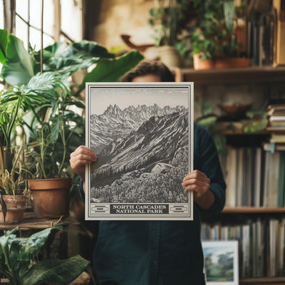 North Cascades National Park Lithograph Style Print - Vintage Washington archival matte fine art print Gift. Thunder Creek Boats dot Ross