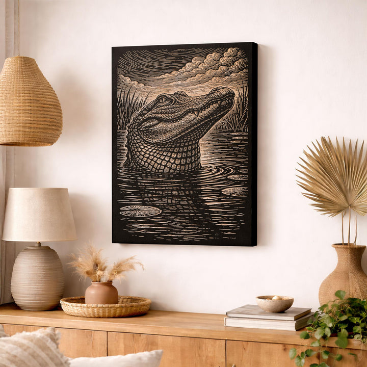 Alligator Rising from Marsh Water Engraved Birch Art Panel