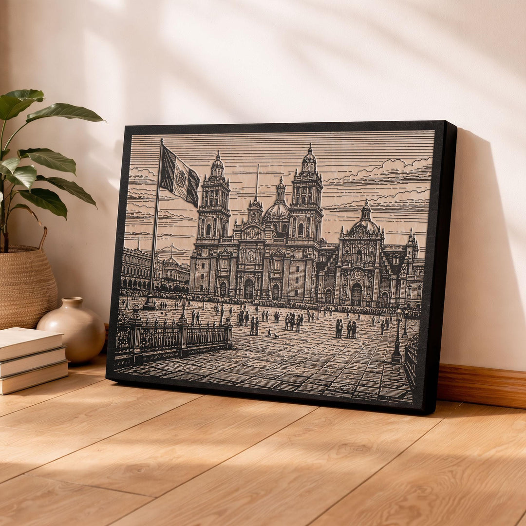 Zocalo Mexico City Engraved Birch Art Panel