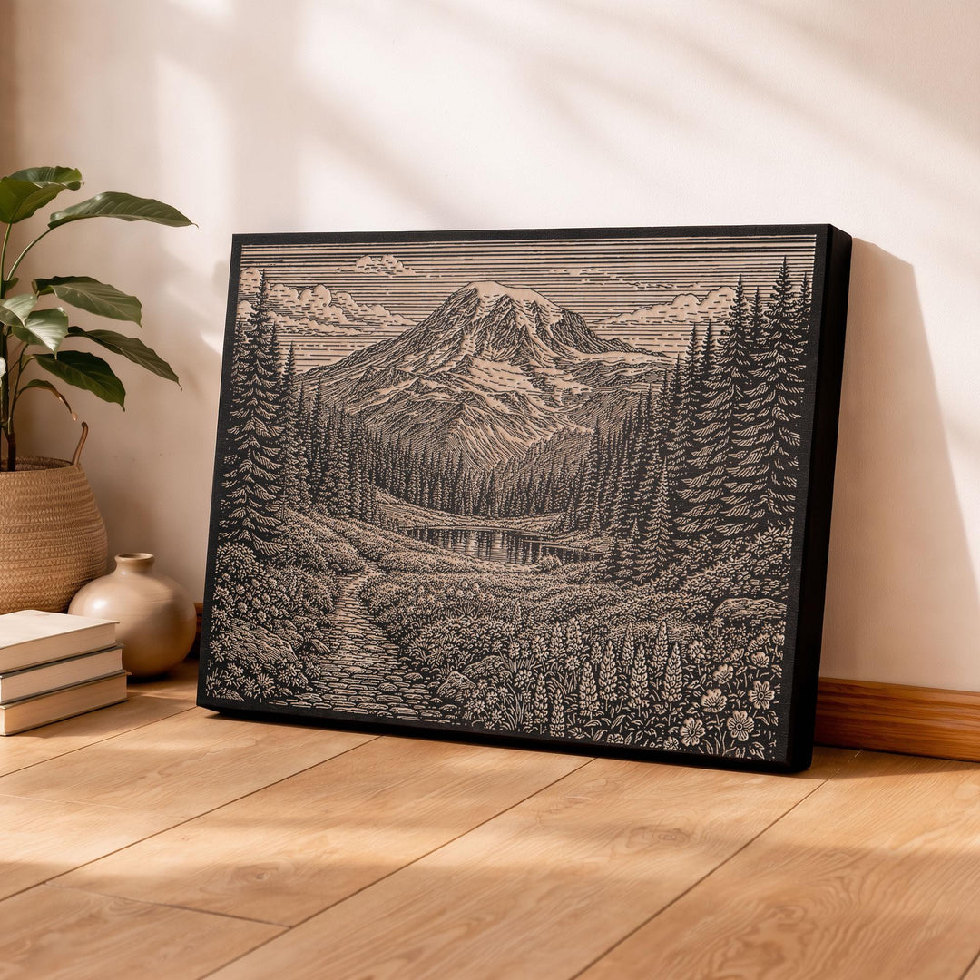 Alpine Meadow Mount Rainier Engraved Birch Art Panel