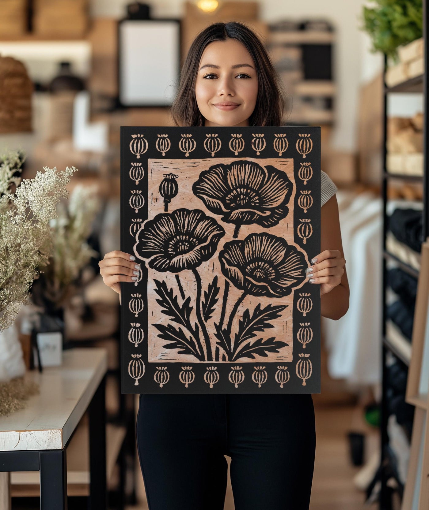 Poppy Flowers Engraved Birch Illustration