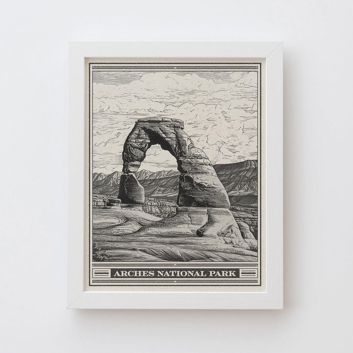 Arches National Park Lithograph Style Print - Vintage Utah archival matte fine art print. Delicate Arch of La Sal Mountains. Desert Gift.