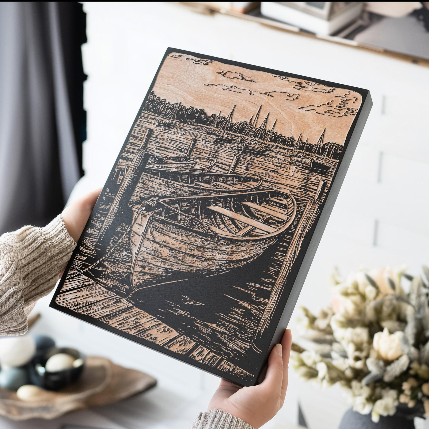 Wooden Row Boat in Marina Wall Art
