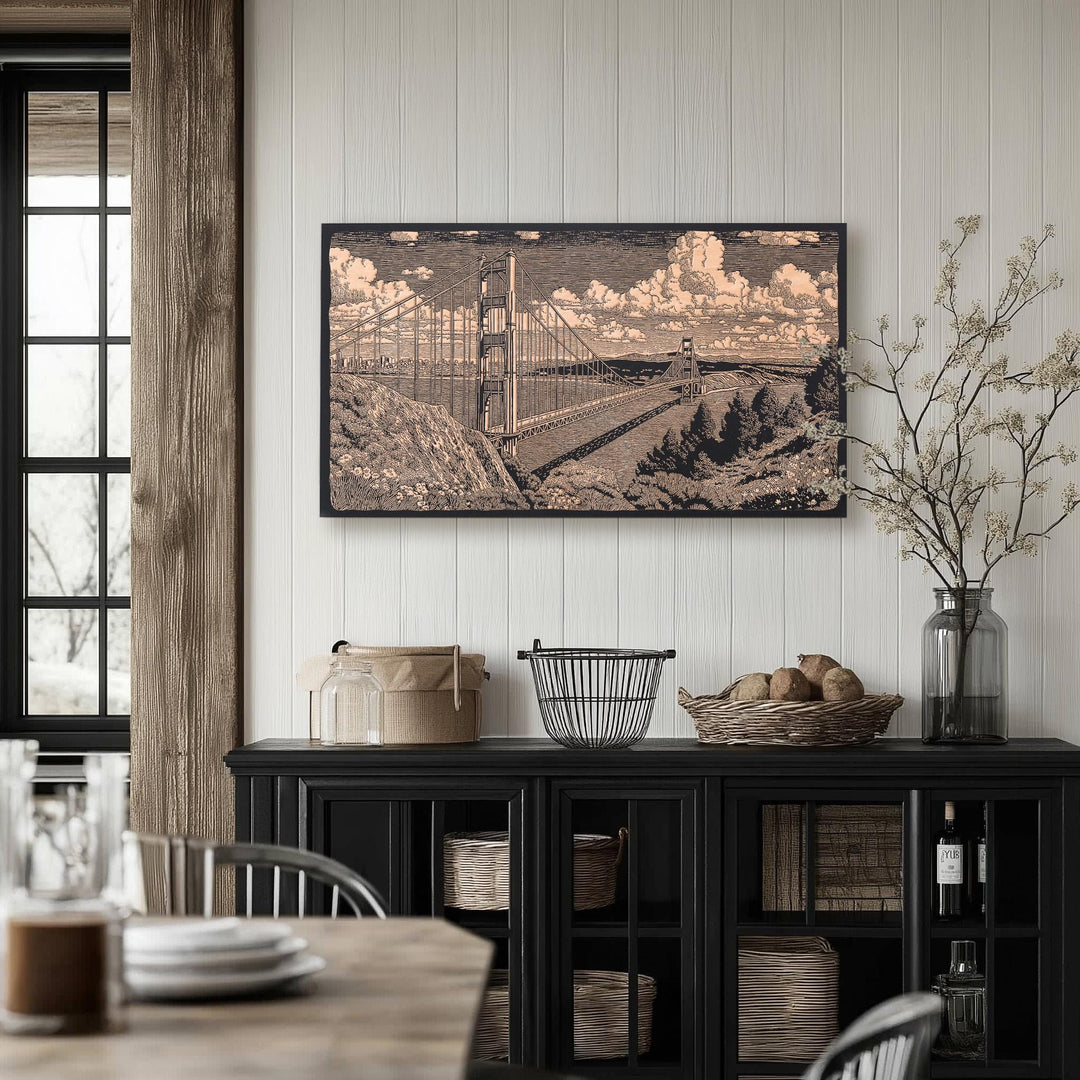 California Golden Gate Bridge Engraved Illustration