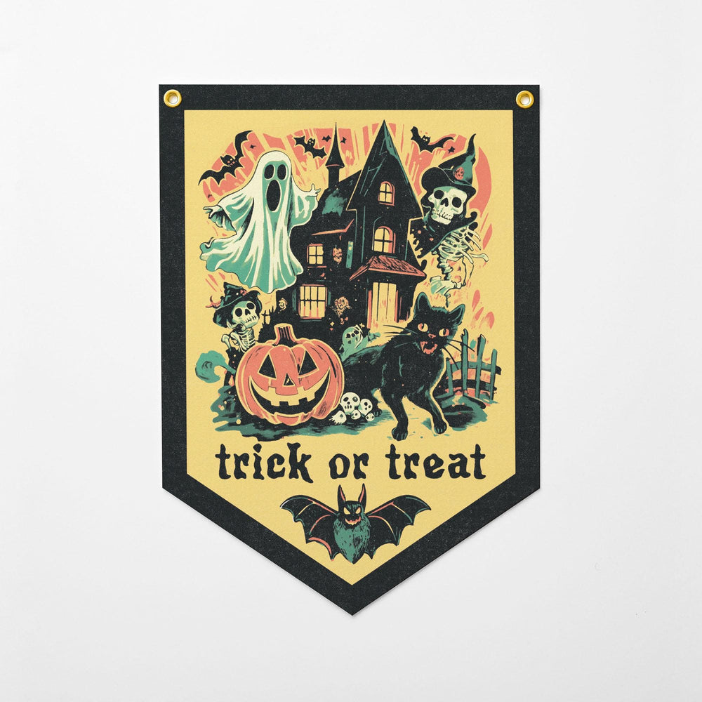 A Halloween-themed banner with a spooky house, ghost, skeleton, cat, pumpkin, bats, and the text "trick or treat".