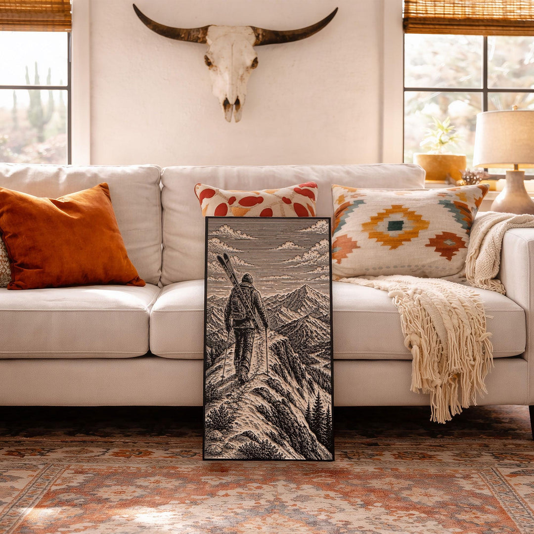 Skier Hiking Ridgeline with Skis Engraved Illustration