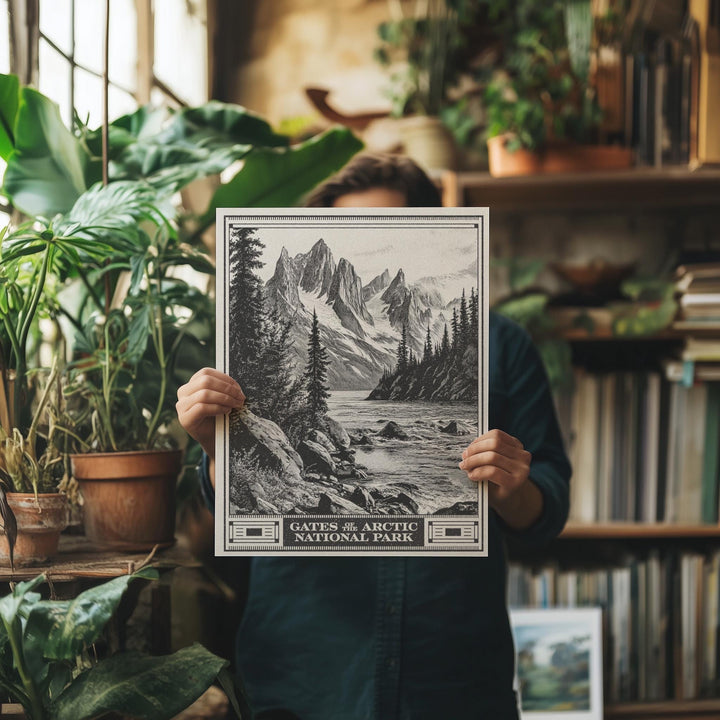 Gates of the Arctic National Park Lithograph Style Print - Vintage Alaska archival matte fine art print Brooks Range Alatna river Hiker Gift