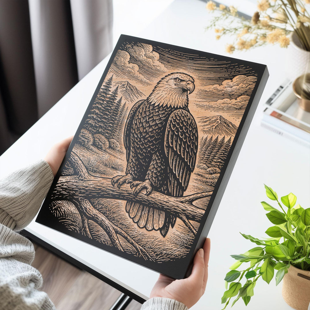 American Frontier Bald Eagle Full Perch Engraved Birch Art Panel