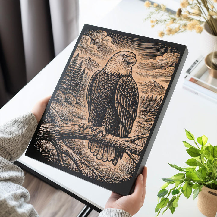 American Frontier Bald Eagle Full Perch Engraved Birch Art Panel
