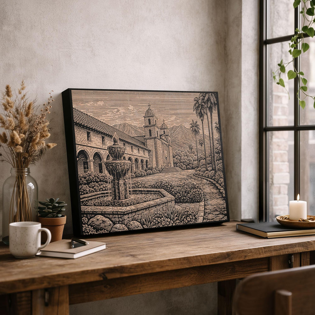 Santa Barbara Mission Garden Engraved Birch Art Panel