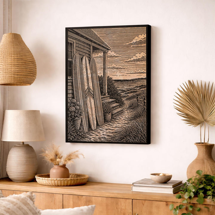 Surfboards by the Beach Cottage Engraved Illustration