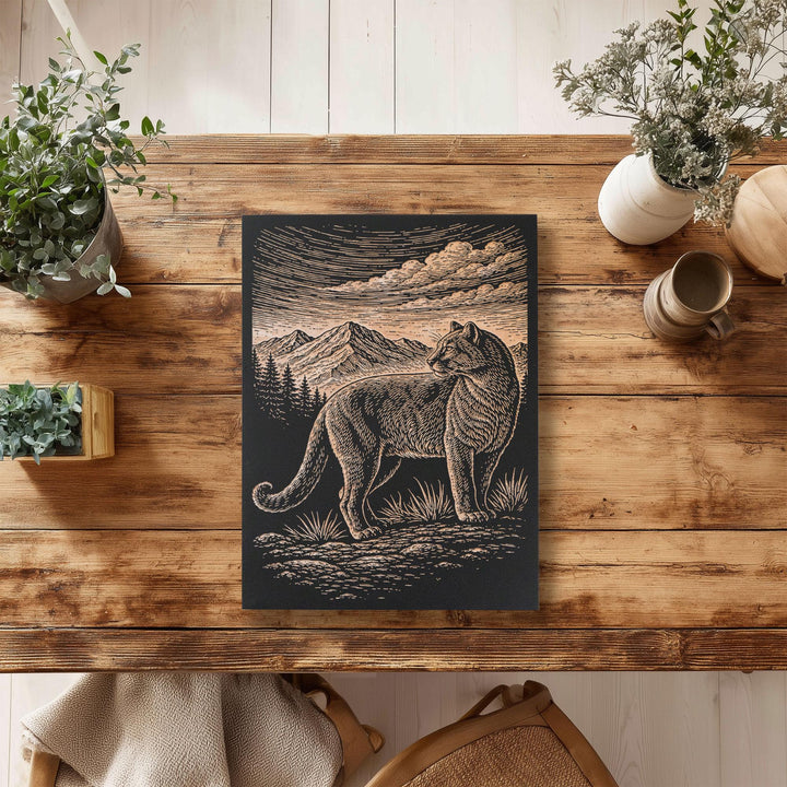 Mountain Lion in the High Country Engraved Birch Art Panel