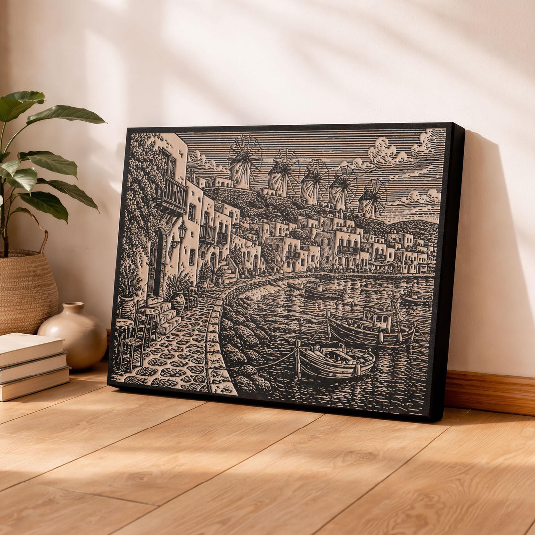 Mykonos Harbor Engraved Birch Art Panel