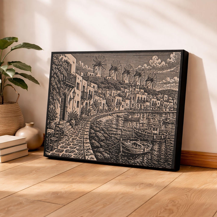 Mykonos Harbor Engraved Birch Art Panel